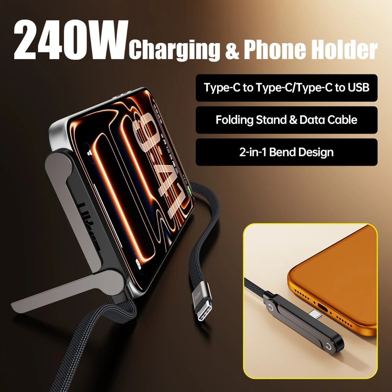 1/3PCS 240W PD Fast Charging Type C to Type C Cable USB C to Type C Cable Foldable Stand Phone Holder For iPhone 15 HUAWEI Xiaom