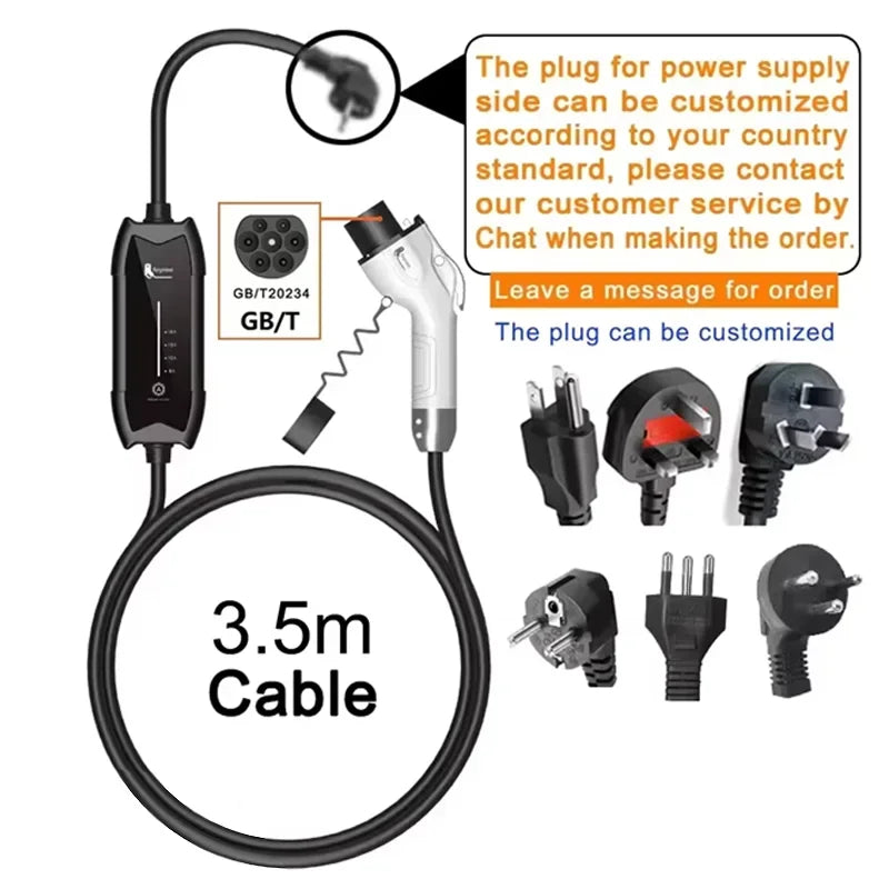 feyree EV Charger Type2 16A 3.5KW 1Phase GB/T / Type1 Current Adjustable 3.5m Cable Portable Charging Box for Electric Vehicle