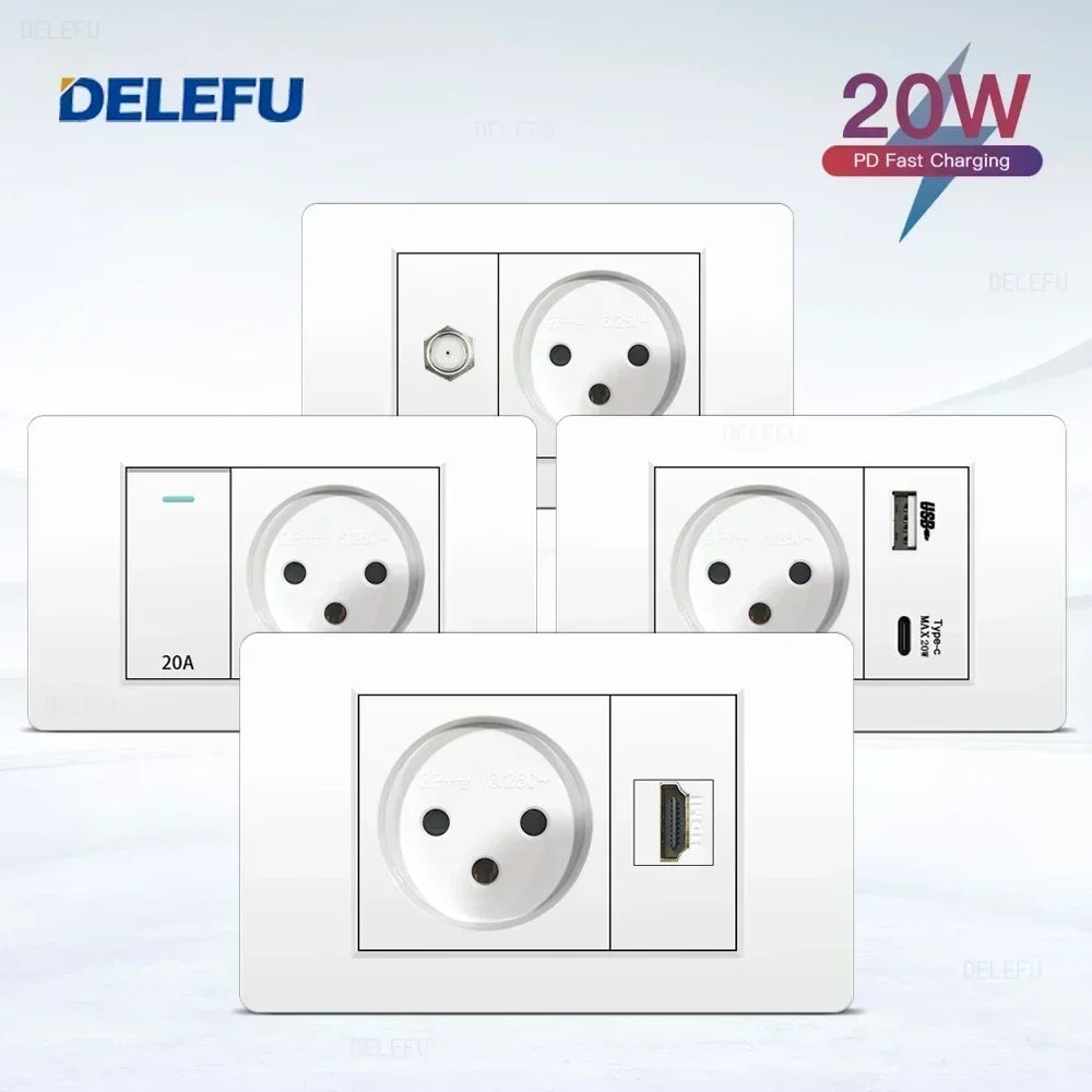 DELEFU White Retardant PC Israel USB Type C Fast Charging Wall Socket Light Tuya Wifi Smart Switch Sat TV Tel Doorbell Curtain