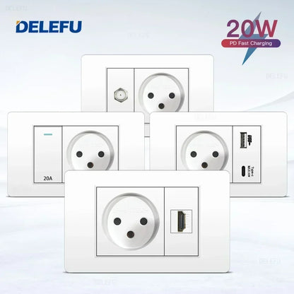 DELEFU White Retardant PC Israel USB Type C Fast Charging Wall Socket Light Tuya Wifi Smart Switch Sat TV Tel Doorbell Curtain