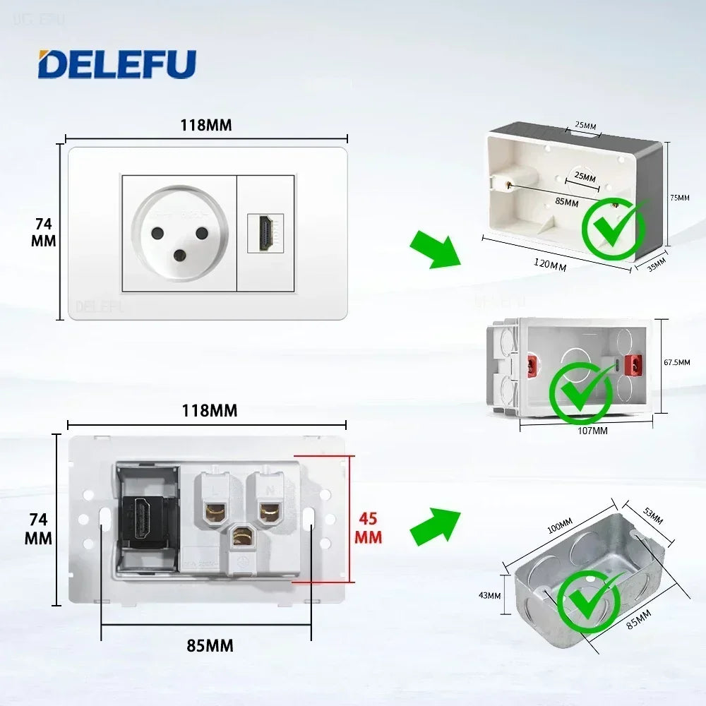 DELEFU White Retardant PC Israel USB Type C Fast Charging Wall Socket Light Tuya Wifi Smart Switch Sat TV Tel Doorbell Curtain