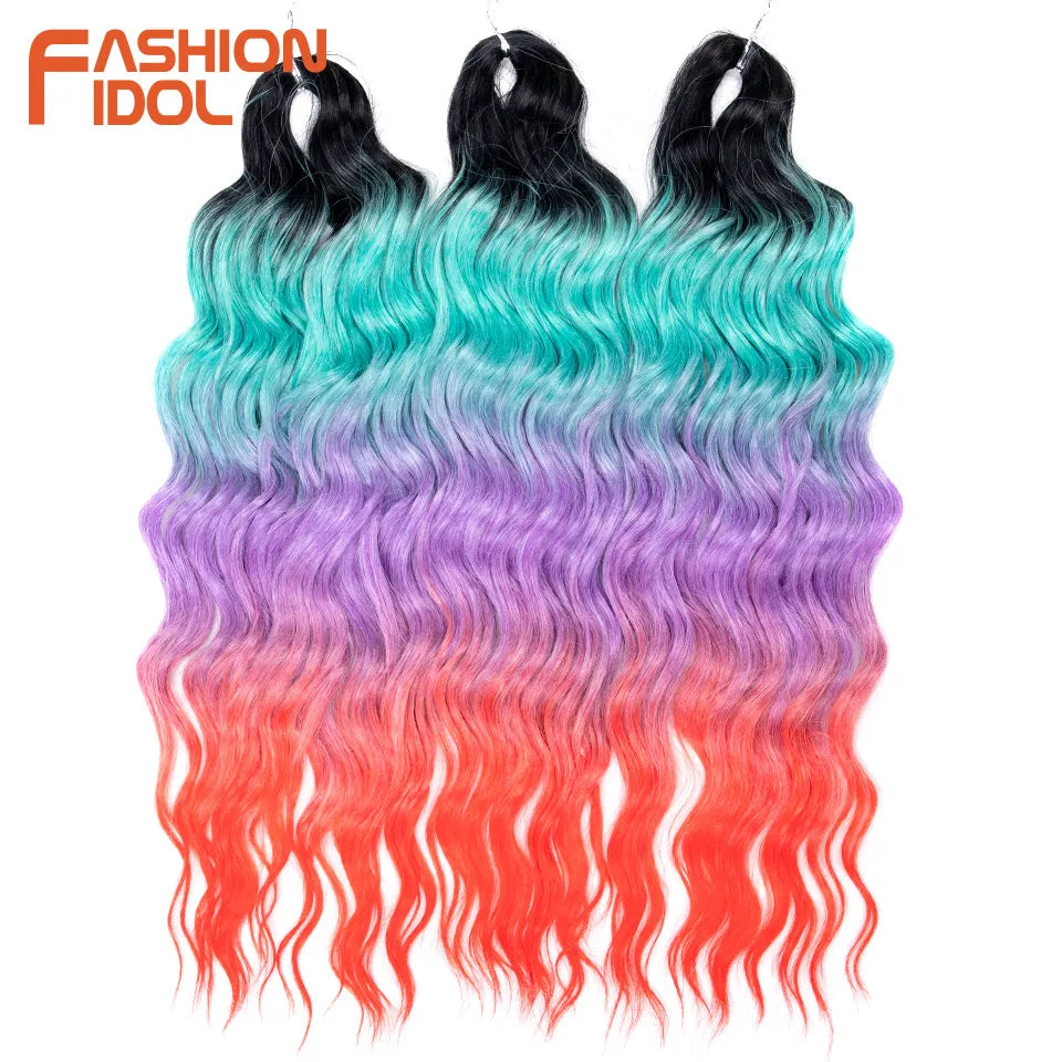 FASHION IDOL 24Inch Crochet Hair Synthetic Water Wave Braiding Hair Extensions Ombre Rainbow color Fake Hair Deep Wave Curl Hair