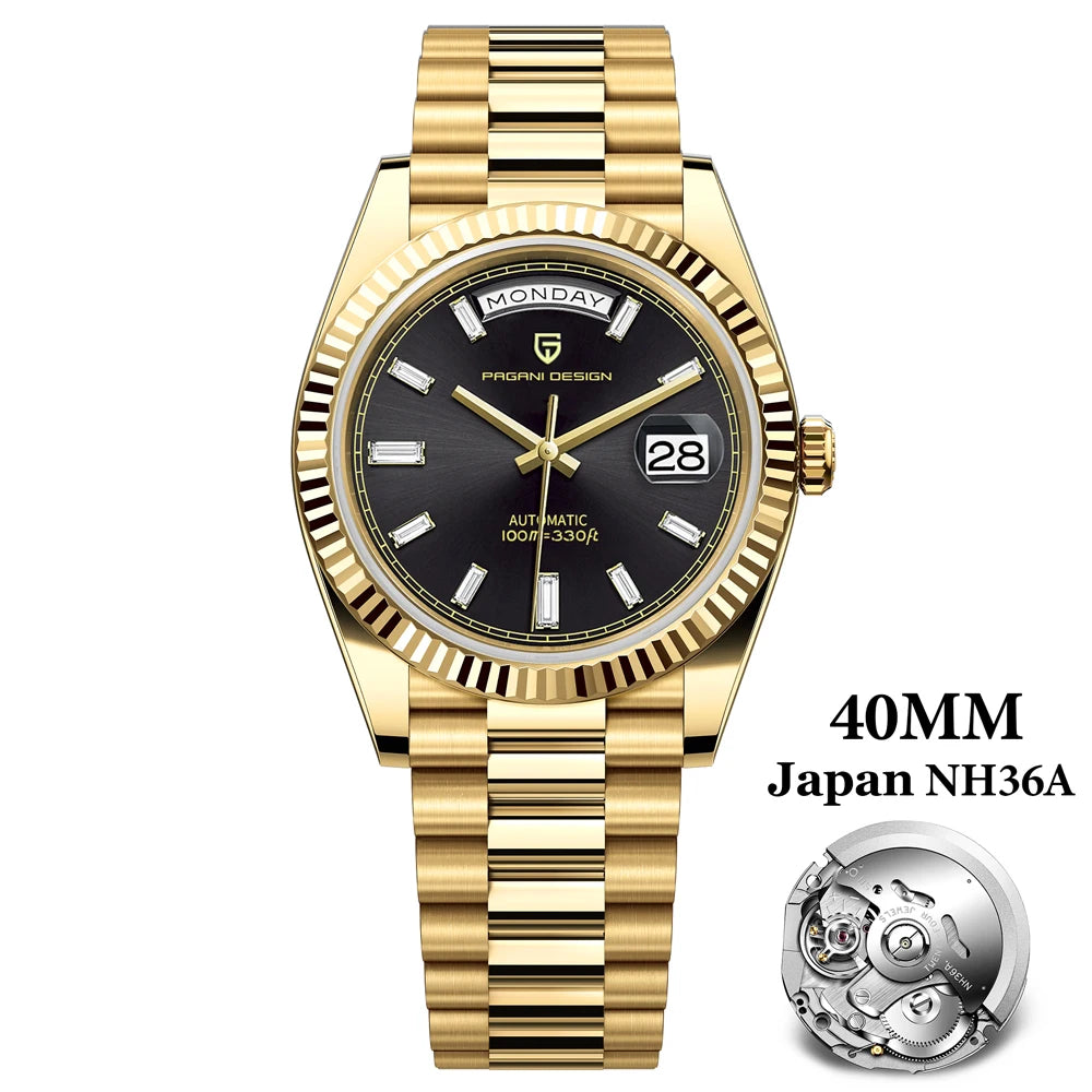 PAGANI DESIGN 2025 New Gold Green 40MM Date Week Men's Watches Automatic Watch Men AR Sapphire Glass NH36A Mechanical Wristwatch