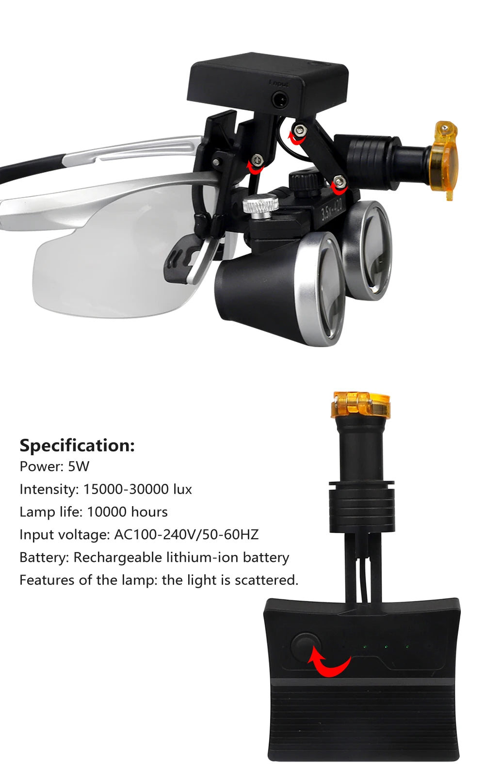 2.5X/3.5X 420mm Dental Loupe Magnifier Binocular Magnifier Surgery Surgical Operation Loupe with Spotlight Head Light 5W LED