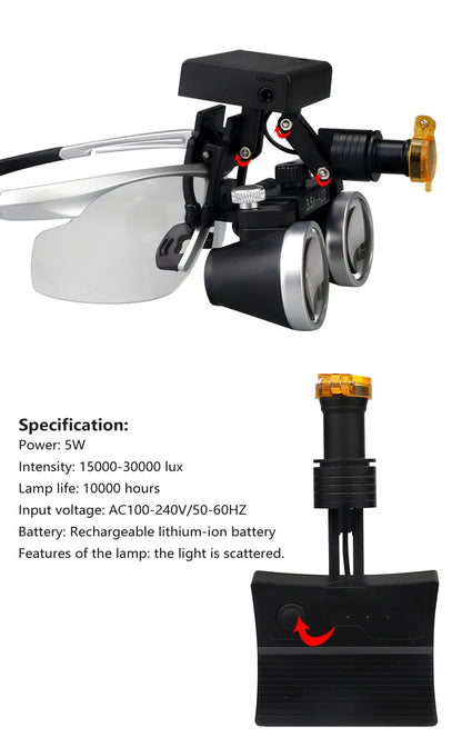 2.5X/3.5X 420mm Dental Loupe Magnifier Binocular Magnifier Surgery Surgical Operation Loupe with Spotlight Head Light 5W LED