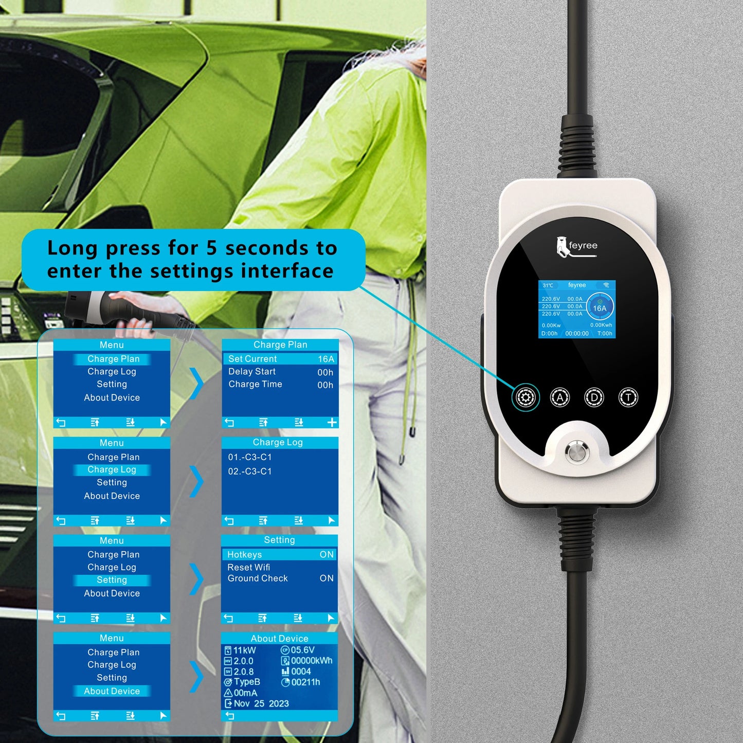 feyree Type2 11KW EVSE Wallbox EV Portable Charger 16A 3Phase Wi-Fi Smart APP Control Charging Station for Electric Car Charger