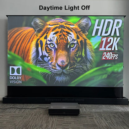 2025 New 120 inch ALR Rejecting Motorized Electric Tab Tension Floor Rising Projector Screen Square Shell  for UST Projector