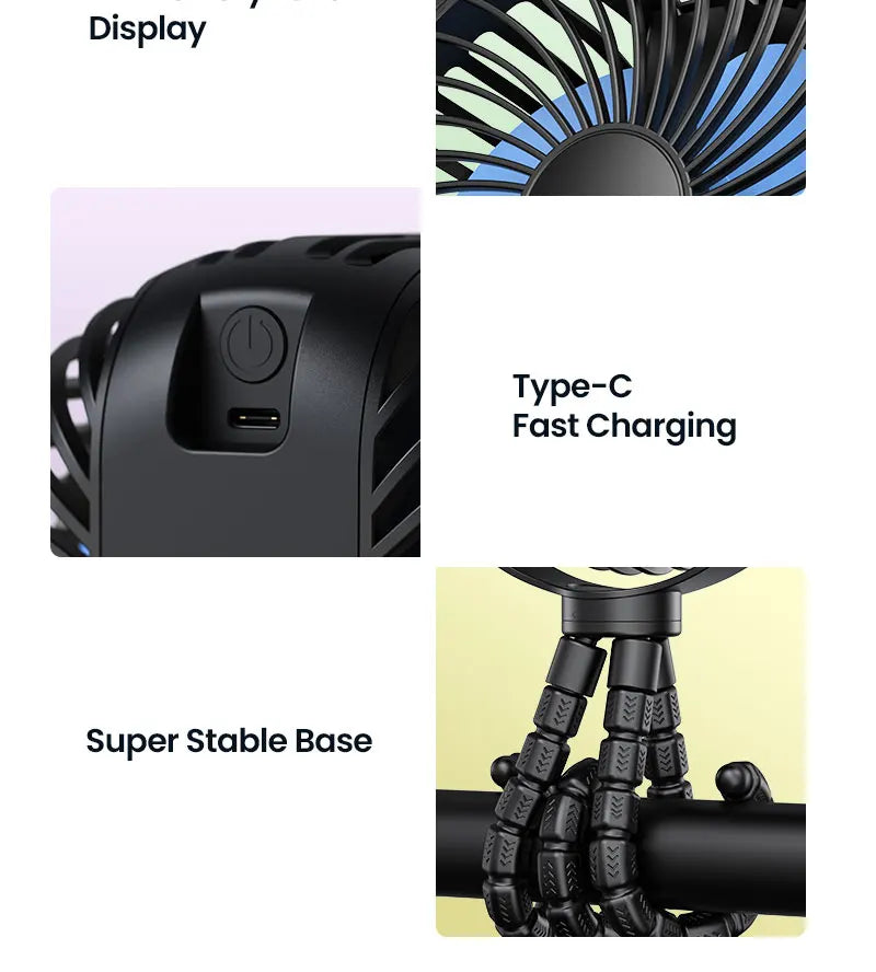 TOPK 5000mah Stroller Portable Mini Fan USB Rechargeable Outdoor Electric Fan 4 gear Speed 360°Degree Rotata & Digital Display
