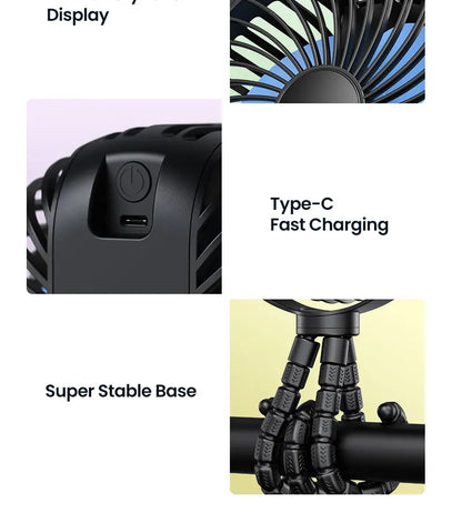 TOPK 5000mah Stroller Portable Mini Fan USB Rechargeable Outdoor Electric Fan 4 gear Speed 360°Degree Rotata & Digital Display