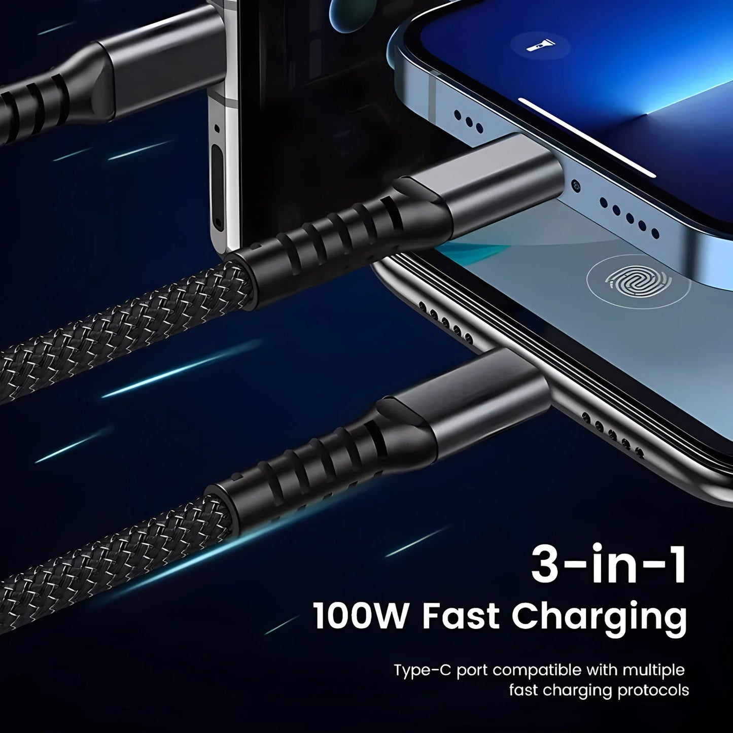 3 in 1 100W USB A Cable Fast Charging Micro USB Data Cord Phone Charger Quick Charge Cable For iPhone Samsung Xiaomi Huawei