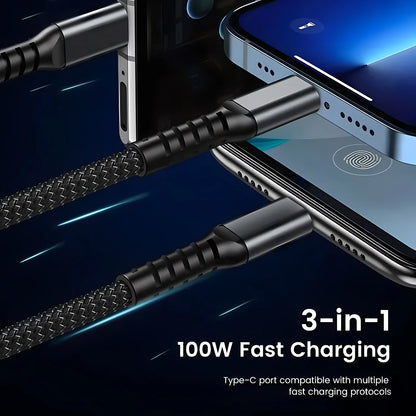 3 in 1 100W USB A Cable Fast Charging Micro USB Data Cord Phone Charger Quick Charge Cable For iPhone Samsung Xiaomi Huawei