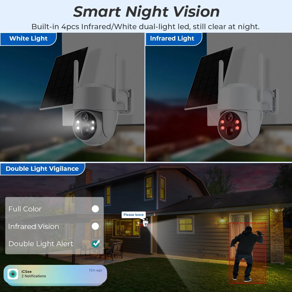 WiFi PTZ Camera Outdoor Wireless Solar IP Camera 4MP HD Built-in Battery Video Surveillance Camera Long Time Standby iCsee APP