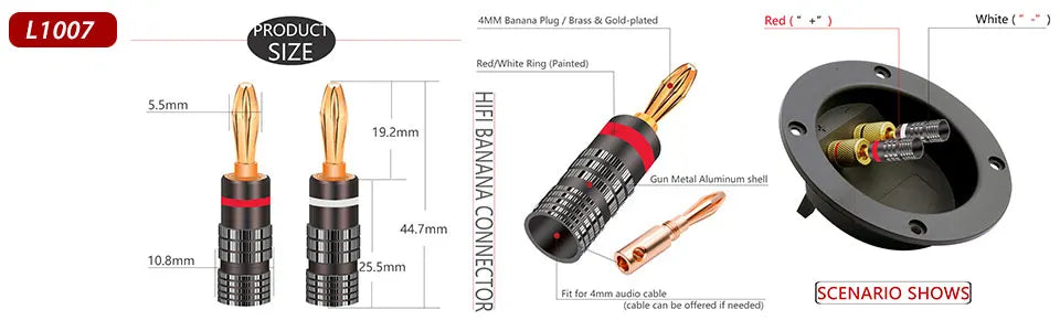 20pcs/10pairs BANANA PLUGS 24K Gold-plated 4MM Banana Connector with Screw Lock For Audio Jack Speaker Plugs Black&Red