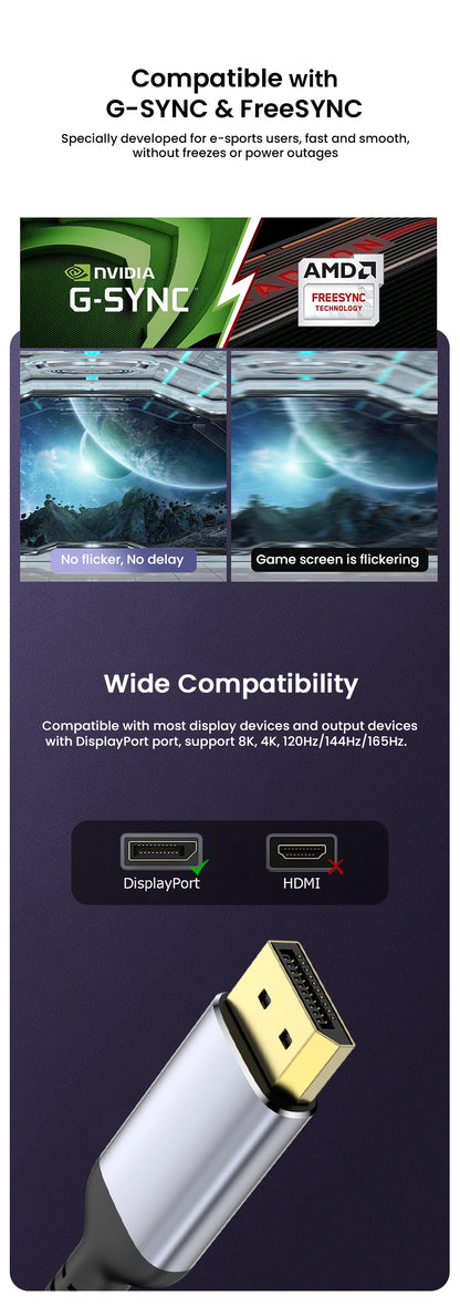 8K DP Cable DisplayPort Cable 1.4 High Speed Display Port Cord 8K@60Hz  G-Sync FreeSync 4K@144Hz 2K@240Hz HDR 10 32.4Gbps