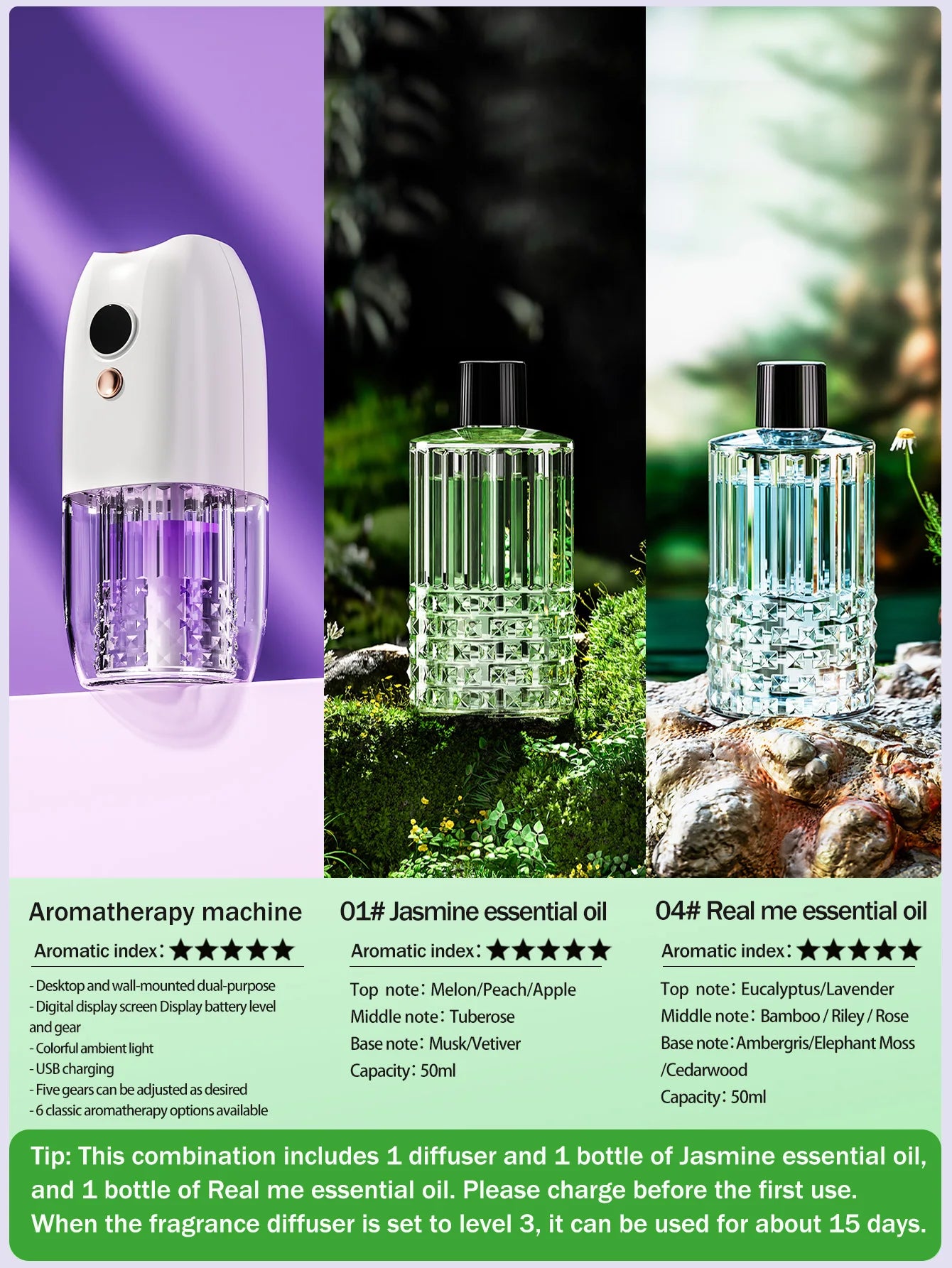 Multifunctional rechargeable portable essential oil diffuser Multiple aroma aromatherapy essential oils can be used in home cars