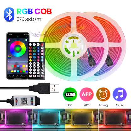 5V USB RGB COB LED Strip Light Bluetooth APP Control Music Sync 576LEDs/m High Density Flexible Ribbon RGB Tape TV Backlight