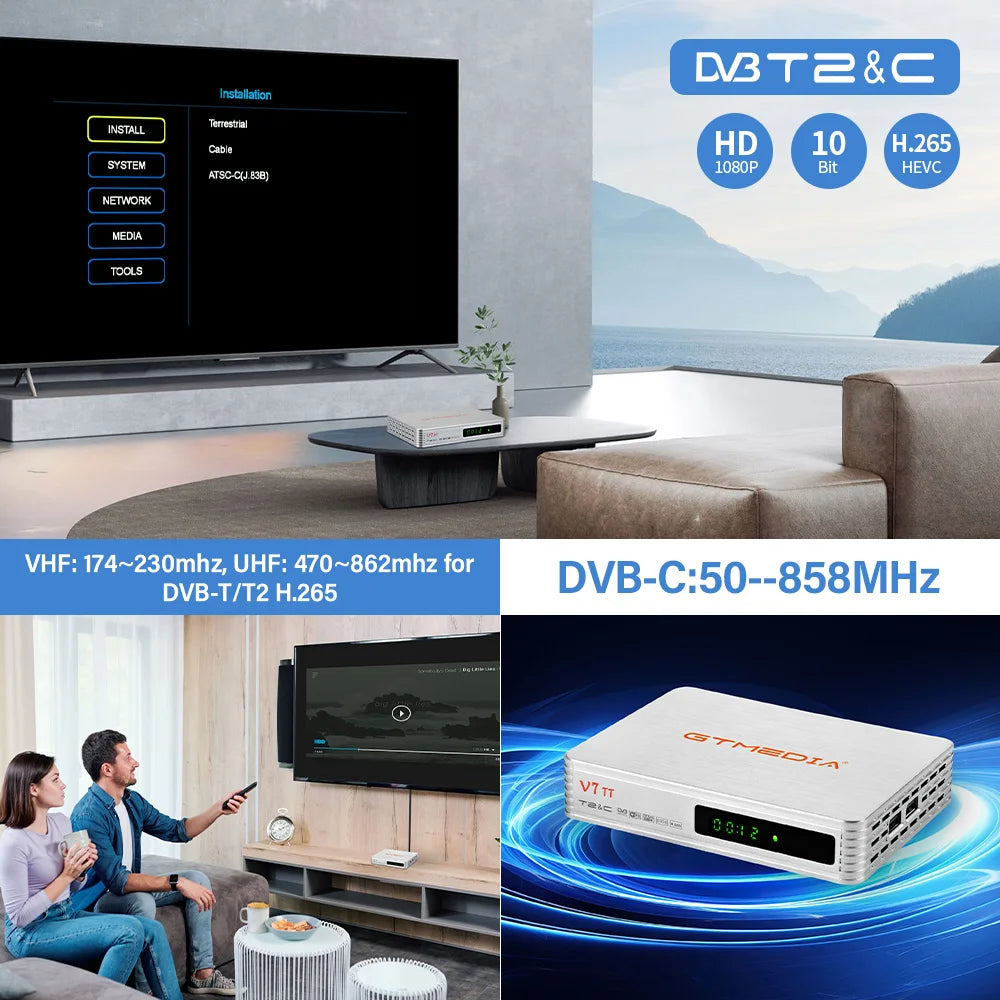 GTMEDIA V7 TT Ground Signal Receiver，1080P Full HD DVB-T/T2/DVB-C Signal TV Box With USB WIFI Decoder Support H.265 HEVC 10bit F