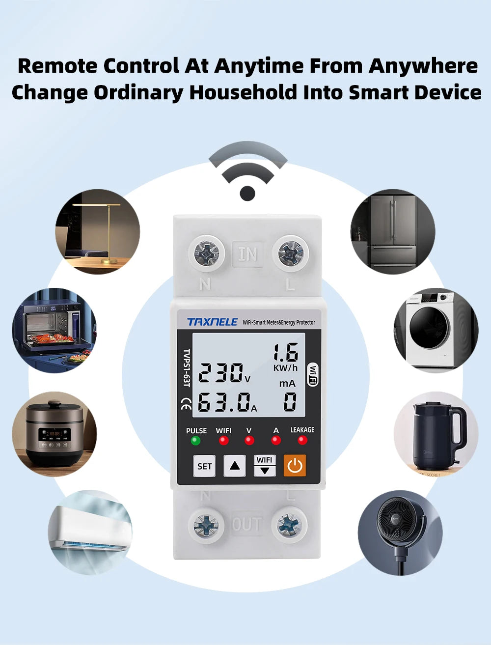 63A TUYA  WiFi Smart Earth Leakage Over Under Voltage Protector Relay Device Switch Breaker Energy Power kWh Meter Smart Life
