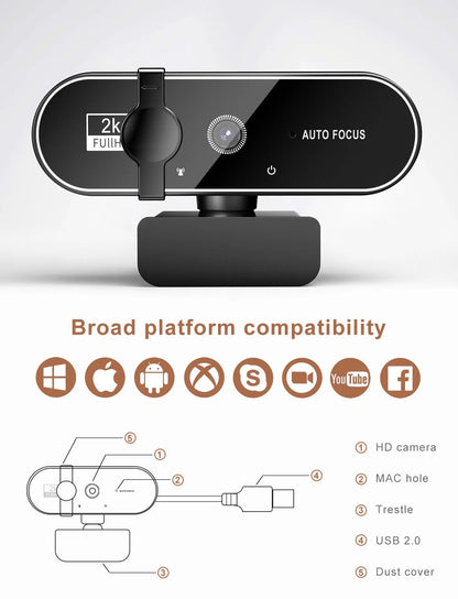 4K Webcam Video Camera 2K Autofocus Streaming Web Cam With Microphone Full HD 1080P Webcams for PC/Computer/Laptop