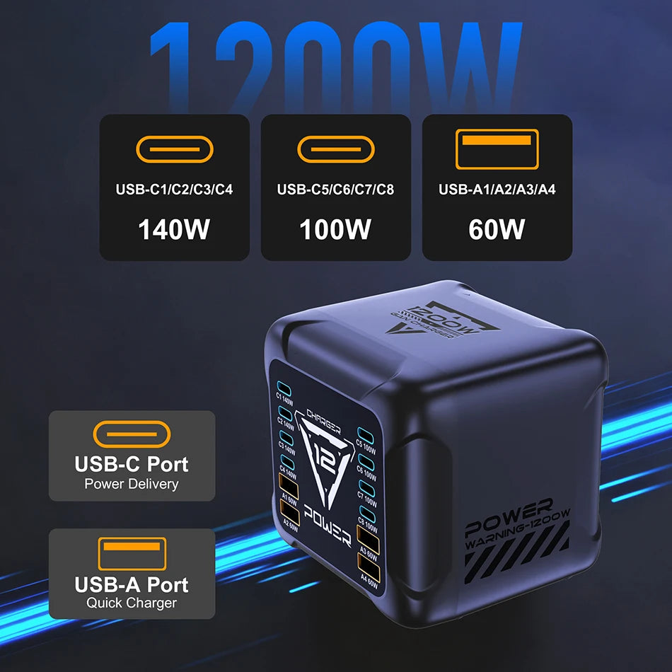 800W GaN Charger USB C Fast Desktop 10-port USB Type C PD3.1 Charger Fast Charging for iPhone 16 15 14 Samsung S24 Xiaomi Laptop