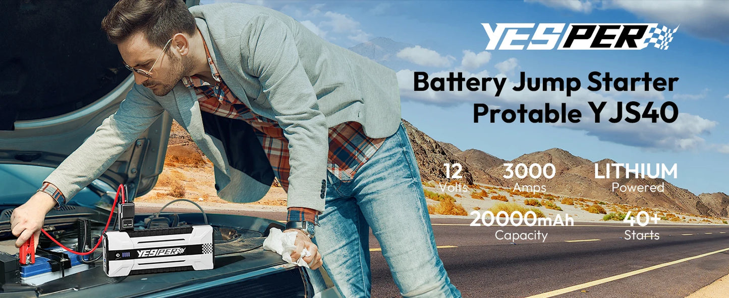 YEPSER YJS20 3000A Peak 12V Car Jump Starter 20000mAh Fast Charge Power Bank 3 Lights for 10.0L Gas/8.0L Diesel