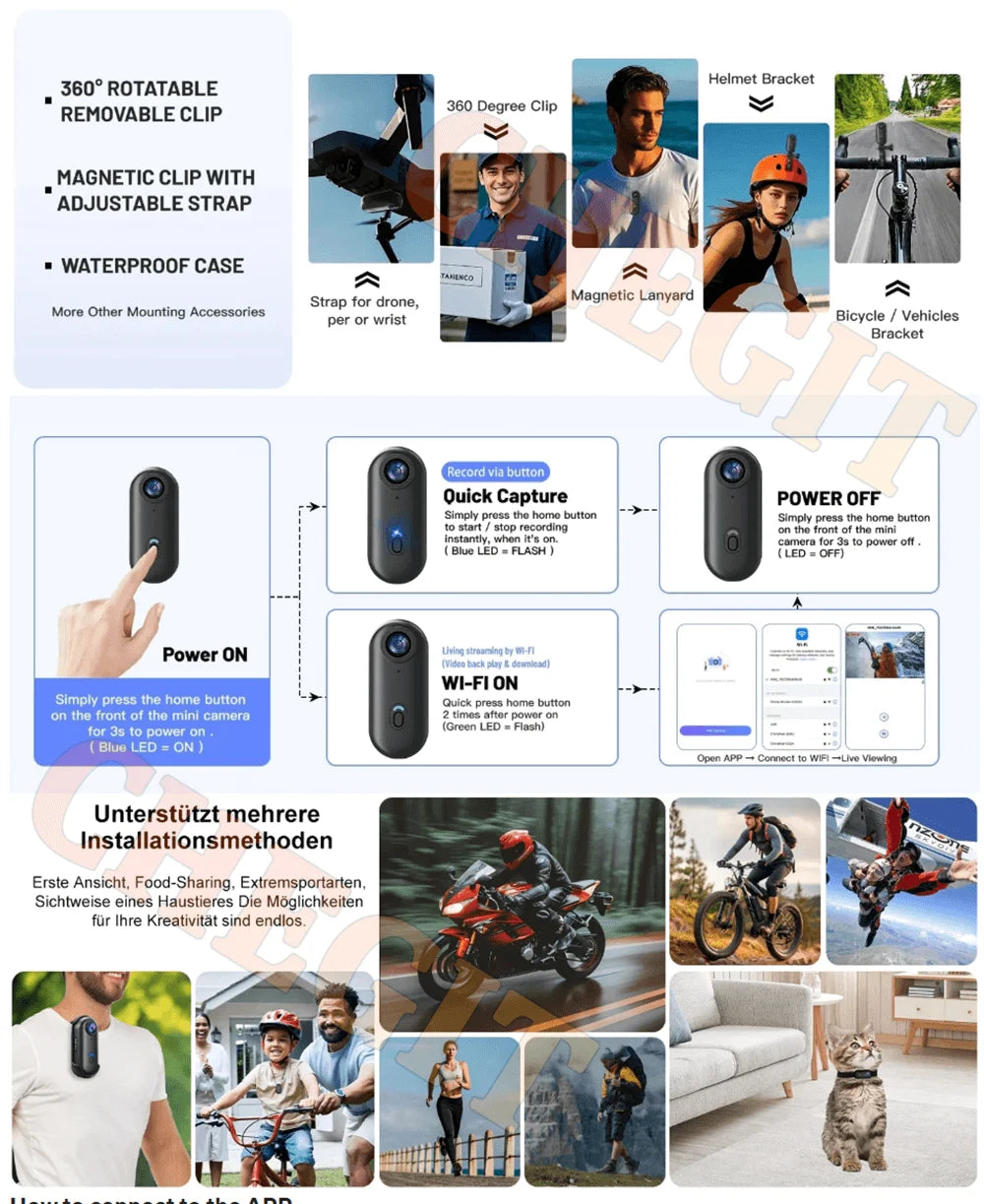 4K WiFi HD POV Magnetic Mini Action Camera Wireless Pocket Video Vlog Cam Helmet Motorcycle Bicycle Sports Holder Mount Recorder