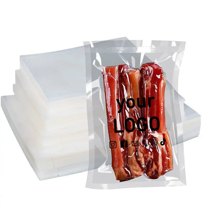 100 transparent plastic open pockets for storing food, meat, fish, fruits, and snacks, with customizable logos,