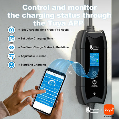 feyree Type2 Portable EV Charger 5m Cable with WIFI APP Control 16A 3.5KW Set Charging&DelayTime for EV Cars,Plug customizable