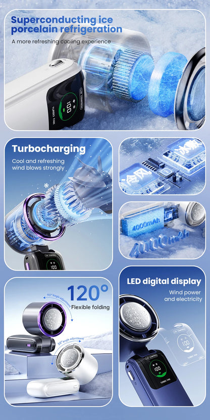 2025 New Ice Pack High-Speed Handheld Eletric Fan 100 Speed Adjustable Folding Mini Fan Portable Outdoor Hanging Neck Small Fan