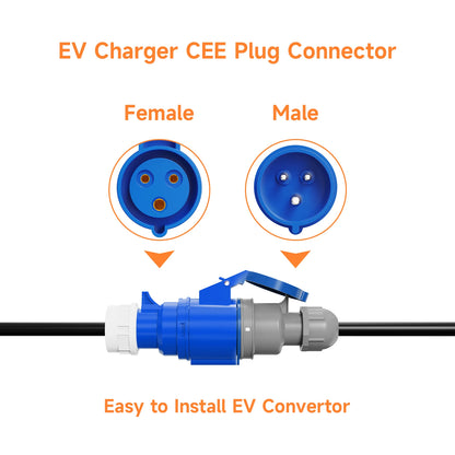 AFEEV EV Charger CEE Female Plug 3 Pins Bule CEE to Schuko Adapter Wall Socket Extend Cable Connect with 7KW 32A 1Phase Charger