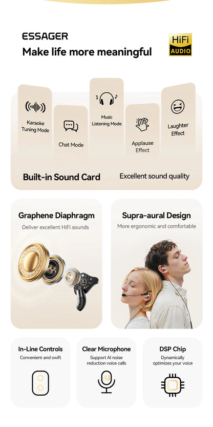 Essager Type-C Karaoke Earphones With Built-in Sound Card HiFi Stereo Music Wired Earbud Headset With Mic for Singing/Live/Game