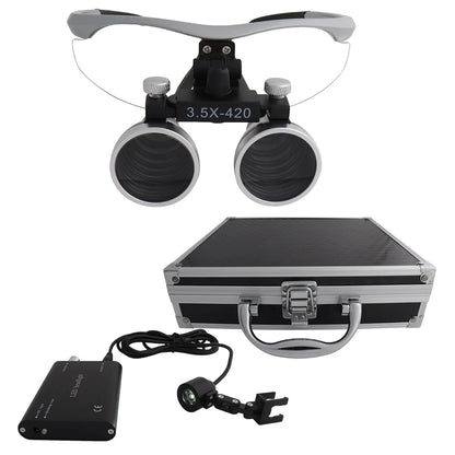 Dental Loupes Dental Magnifier Dental Lab Medical Loupes Magnification Binocular 2.5/3.5x420 Headlight Headlamp 5W Set Metal Box