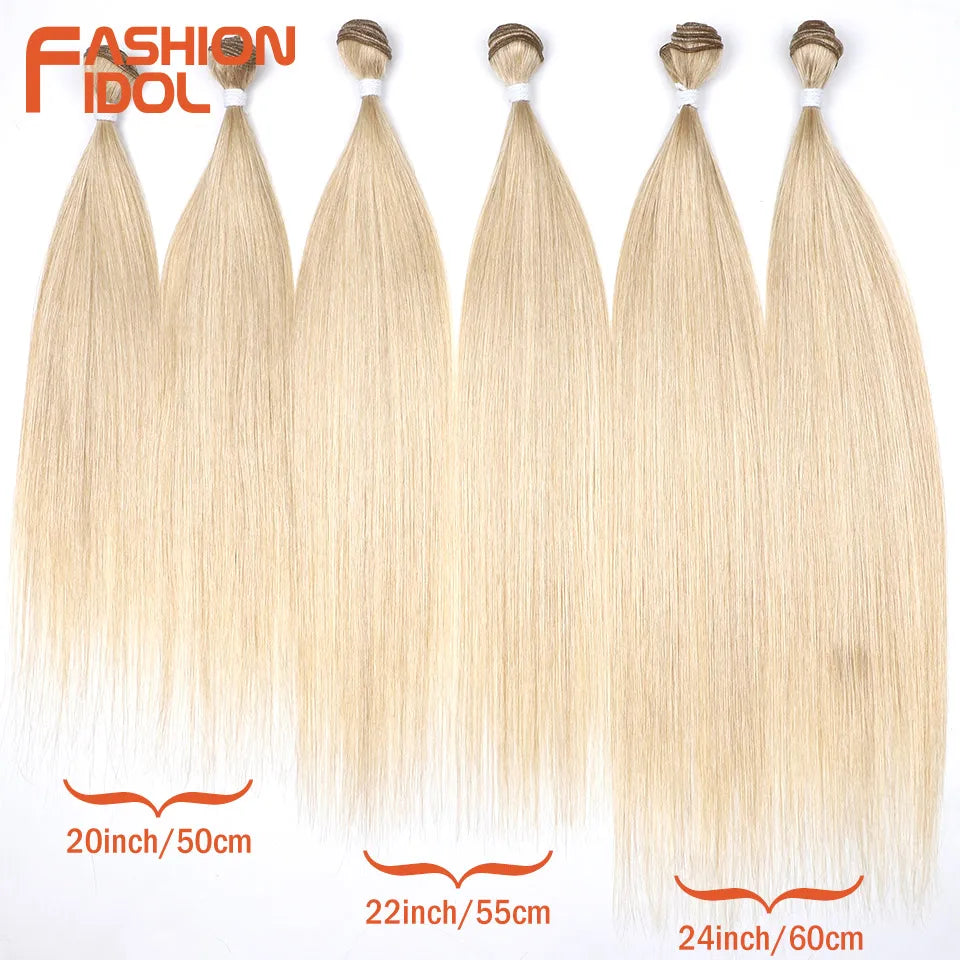 FASHION IDOL 20 22 24 inches 300g/6pcs Yaki Straight Hair Weaving Synthetic Fake Hair Bundles Ombre Blonde Salon Hair Extensions