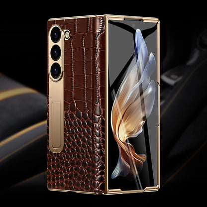 LANGSIDI Leather Case for Samsung Galaxy Z Fold 6 5 4 3 Fold6 Fold5 Gold Plating Magnetic Hinge Stand Cover with Mirror Film