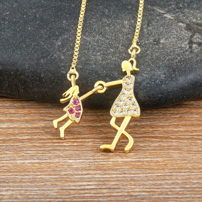 Nidin Exquisite Gold Plated Mom Daughter Necklace Girl Boy Pendant Chain Choker Cubic Zirconia Jewelry Mother's Day Gift