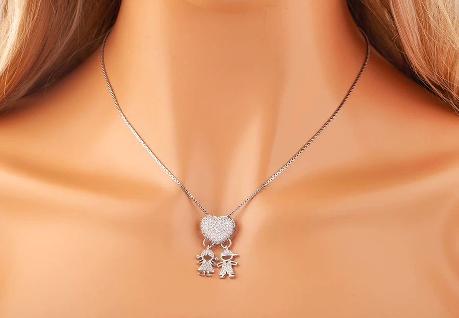 New Trendy Classic Design Shiny Crystal Zircon Charm Boy/Girl Pendant Necklaces For Women Mother's Day Chain Choker Jewelry Gift