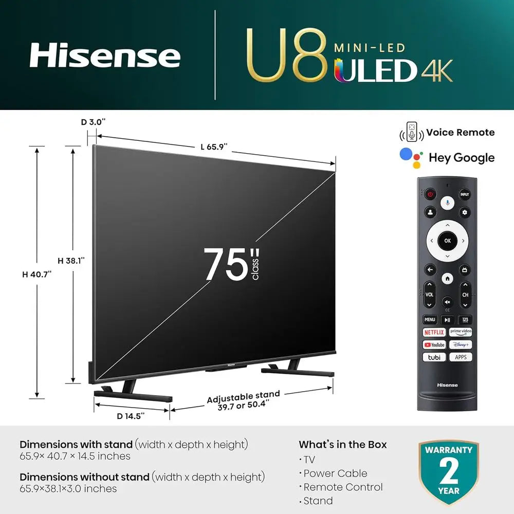 75-Inch Class U8 Series Mini-LED ULED 4K UHD Smart TV (75U8K) - QLED, 480 Motion Rate, 144Hz Game e Pro, Dolby Vision IQ, HDMI 2