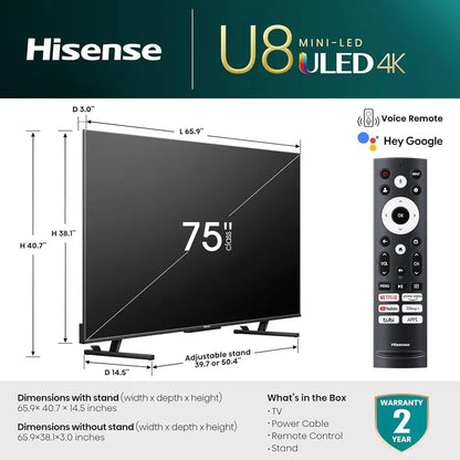 75-Inch Class U8 Series Mini-LED ULED 4K UHD Smart TV (75U8K) - QLED, 480 Motion Rate, 144Hz Game e Pro, Dolby Vision IQ, HDMI 2