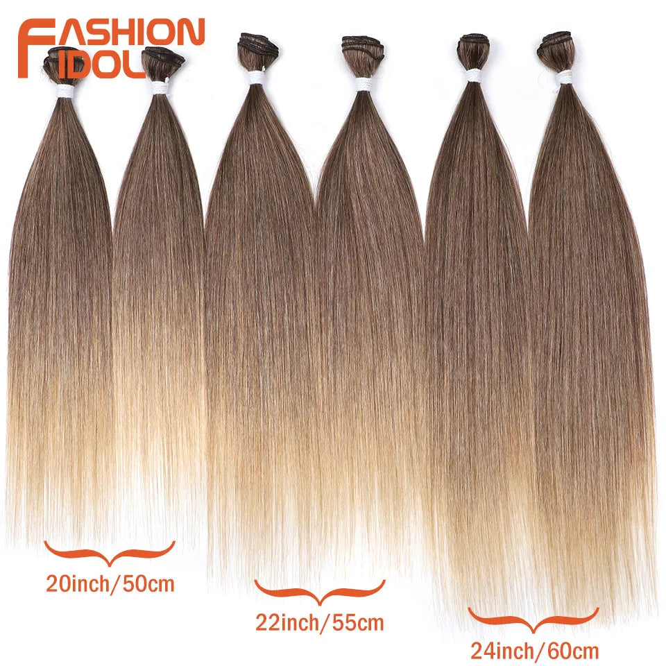 FASHION IDOL 20 22 24 inches 300g/6pcs Yaki Straight Hair Weaving Synthetic Fake Hair Bundles Ombre Blonde Salon Hair Extensions