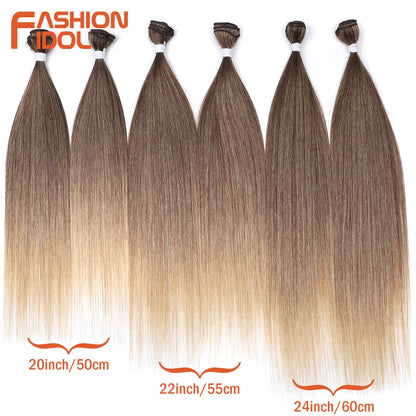 FASHION IDOL 20 22 24 inches 300g/6pcs Yaki Straight Hair Weaving Synthetic Fake Hair Bundles Ombre Blonde Salon Hair Extensions