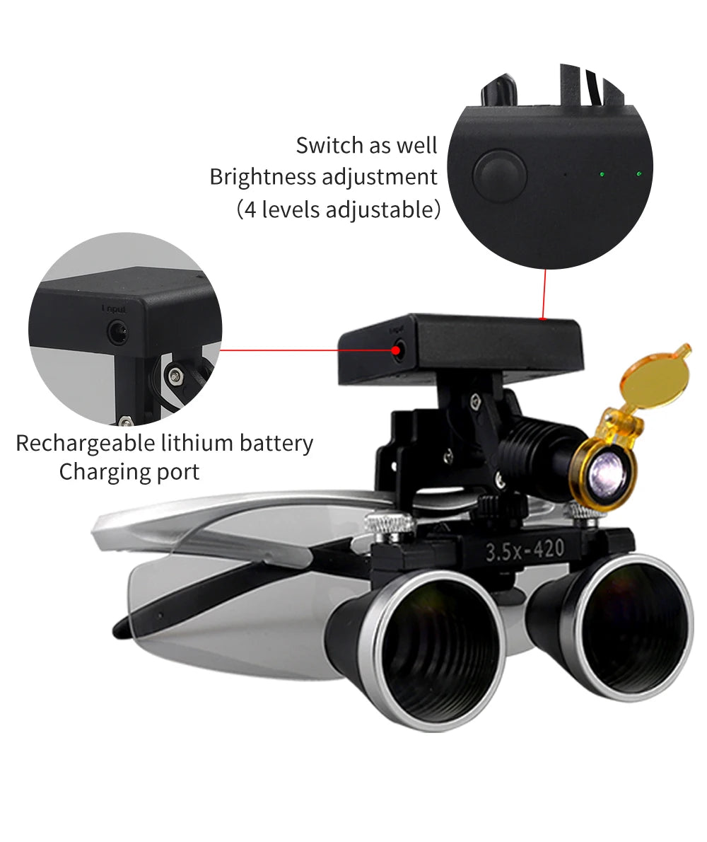 2.5X/3.5X 420mm Dental Loupe Magnifier Binocular Magnifier Surgery Surgical Operation Loupe with Spotlight Head Light 5W LED