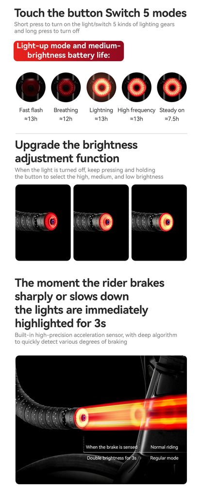 ROCKBROS Bike Handlebar Light LED Bicycle Waterproof Rechargeable Road Bike Handlebar End Plug Warning Taillight Bike Accessory