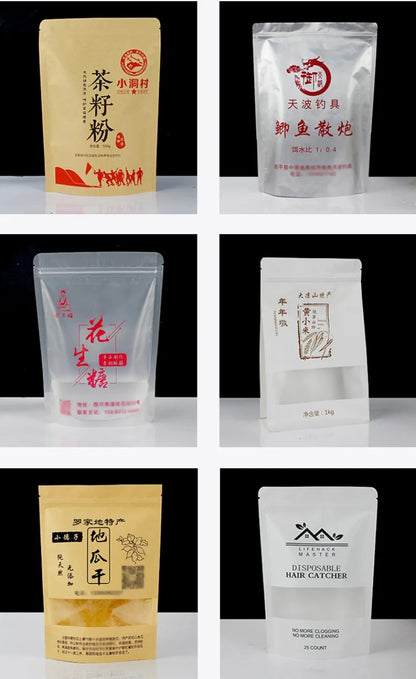 100PCS Stand-up Kraft Paper Foil Ziplock Storage Bag DIY Custom Logo Matcha Cocoa Powder Coffee Tea Spice Candy Beaf Pouches