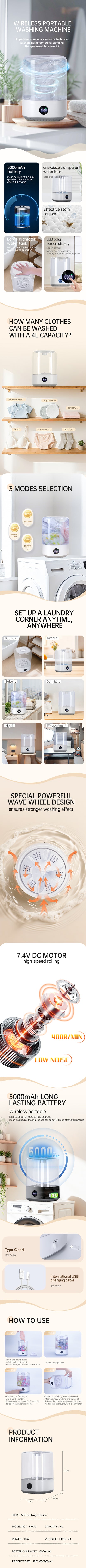 4L Mini Washing Machine, 5000Mah, Fully Automatic Portable Turbine Led Washing Cup and Compact for Children's Clothing, Underwea