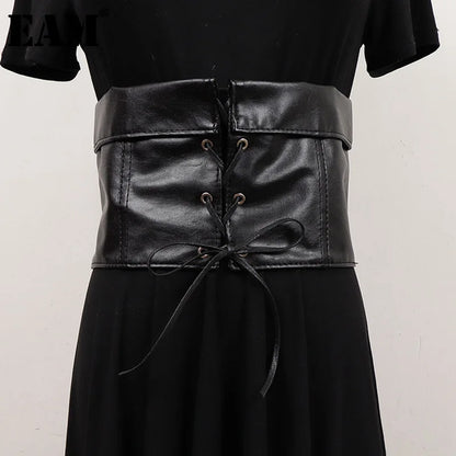 [EAM] Pu Leather Black Bandage Wide Elastic Belt Personality Women New Fashion Tide All-match Spring Autumn 2026 1DH8687