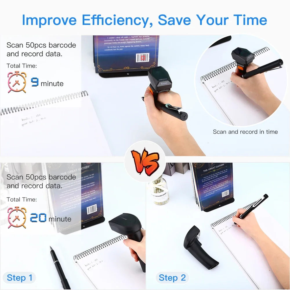 Eyoyo EY-016 Finger Ring Barcode Scanner Mini Wearable 3-in-1 USB Wired & 2.4G Wireless QR Reader for Store Warehouse Scanning
