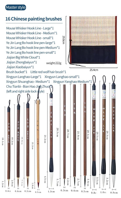 6/9/12/16Pcs Chinese Calligraphy Brushes Set with Roll-up Bamboo Brush Holder Sumi Painting Writing Kanji Art Watercolor Brush