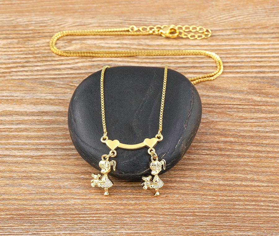 Nidin Exquisite Gold Plated Mom Daughter Necklace Girl Boy Pendant Chain Choker Cubic Zirconia Jewelry Mother's Day Gift