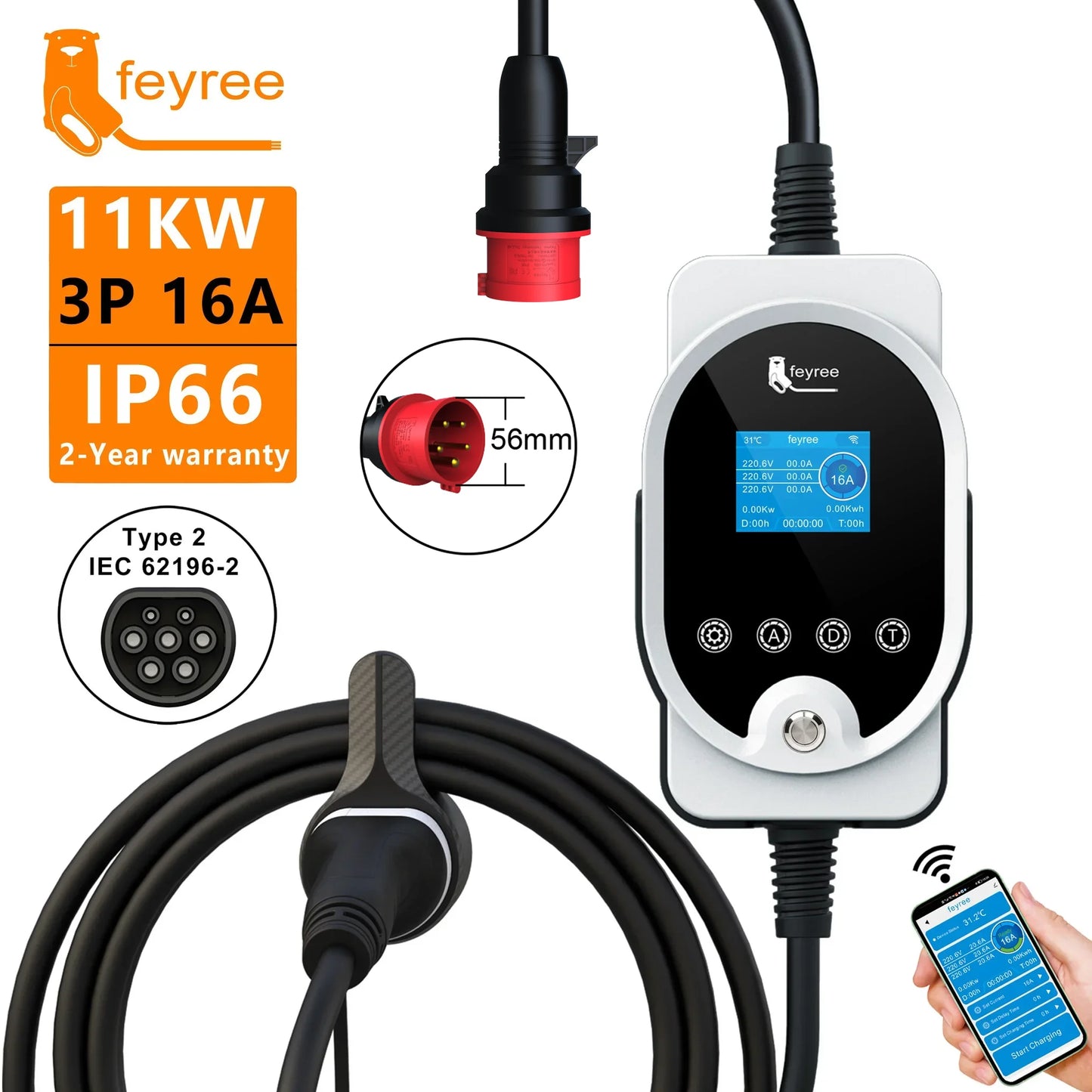feyree Type2 11KW EVSE Wallbox EV Portable Charger 16A 3Phase Wi-Fi Smart APP Control Charging Station for Electric Car Charger
