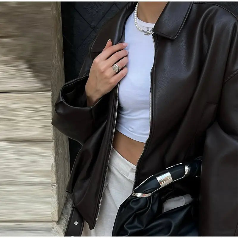 Vintage PU Leather Bomber Jackets 2025 Autumn New Ladies Zipper Lapel Long Sleeve Pocket Coat With Belt Women's Loose Streetwear